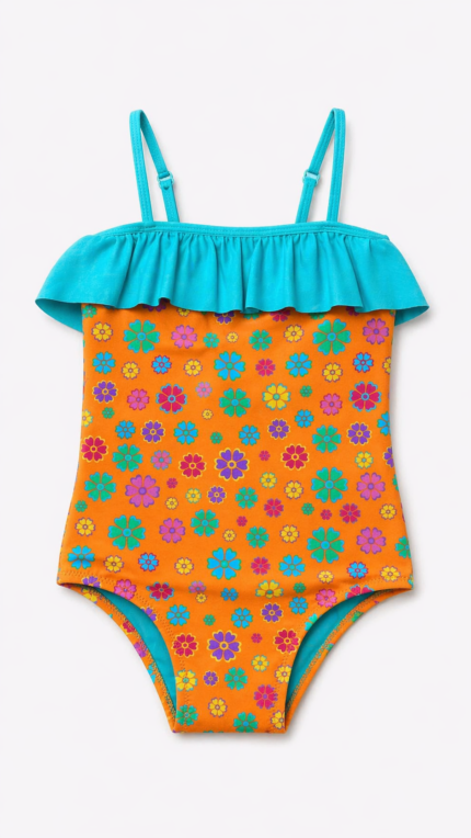 Hmm Swimwear Kız Çocuk Pileli Mayo Turuncu